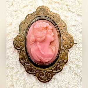 Antique Victorian Molded Pink Glass and Brass Cameo Brooch